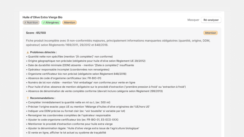 Audit catalogue — score 65/100 Huile d'Olive