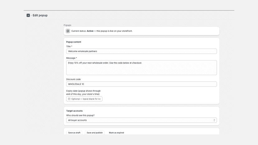 Popup builder with title, message, discount code and targeting