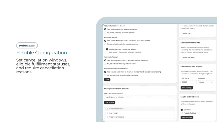 Configure cancellation reasons, refunds, and time limits.