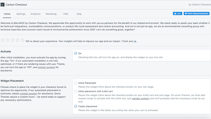 Carbon Checkout integrated dashboard home