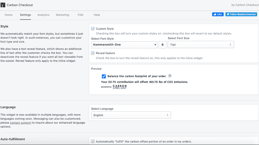 Carbon Checkout integrated dashboard settings