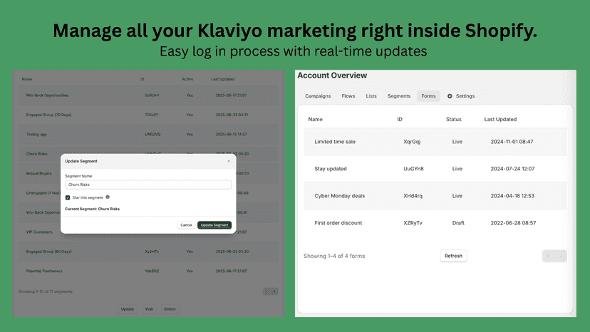 Manage your Klaviyo Marketing right inside Shopify.