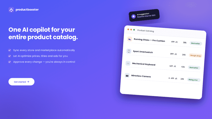 ProductBooster showing product performance data and suggestions