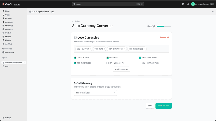 Merchants can select supported currencies and set a default curr