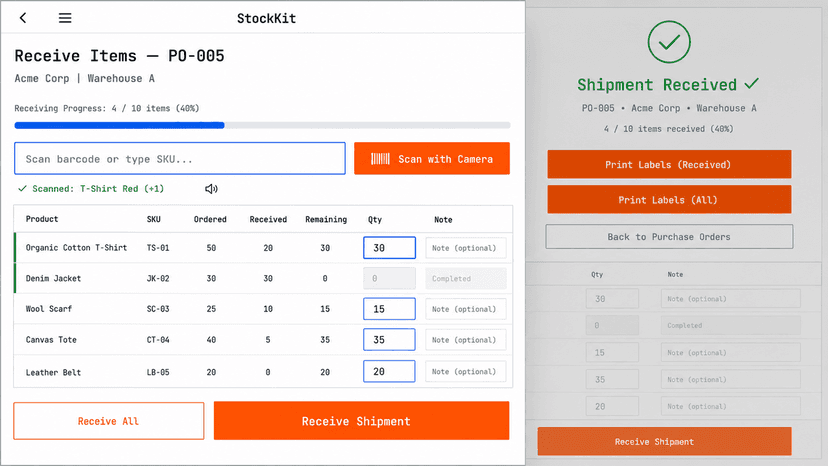 Receive inventory by scanning barcodes and print labels