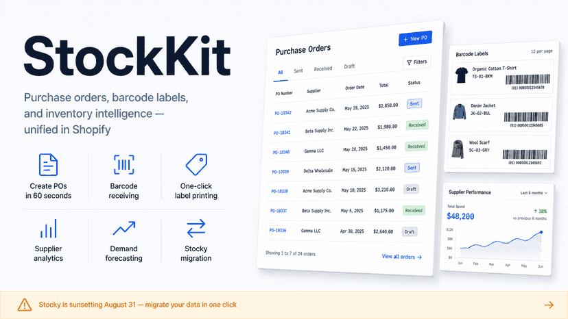 StockKit dashboard with purchase order metrics and low stock ale