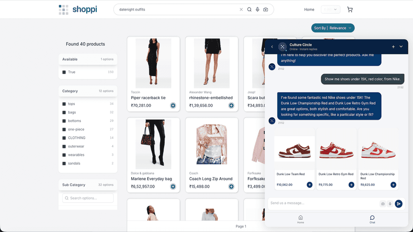 AI shopping assistant chat suggesting products with add to cart