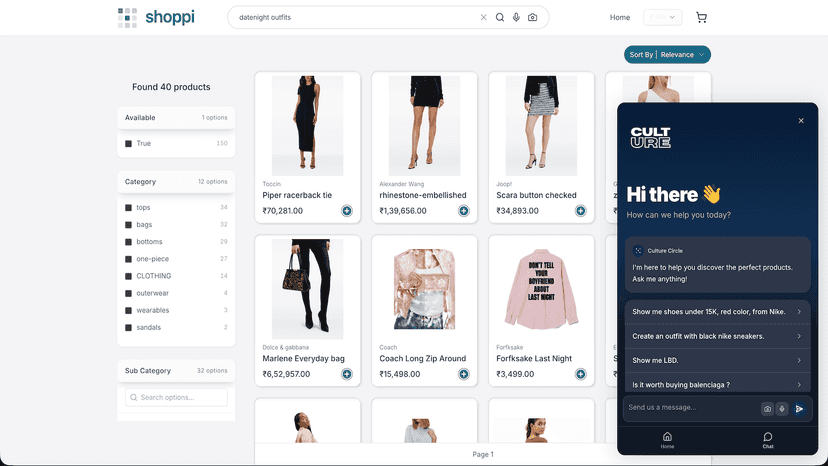 AI search results with filters and product recommendations