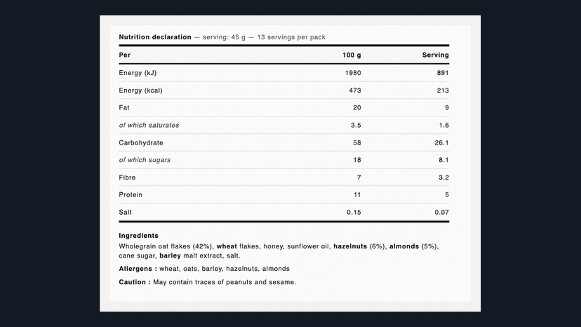 EU nutrition panel with per-100g values on a product page