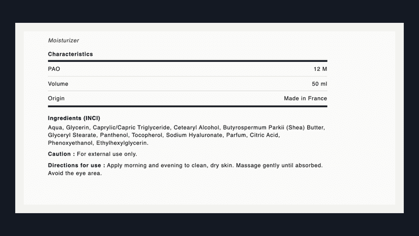 EU INCI cosmetic panel with ingredients, PAO and origin