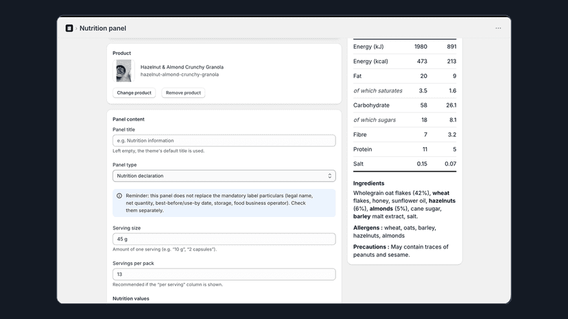 Admin editor with live panel preview and per-100g values