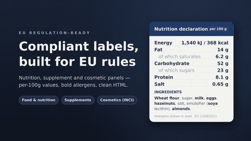 EU-compliant nutrition, supplement and cosmetic labels