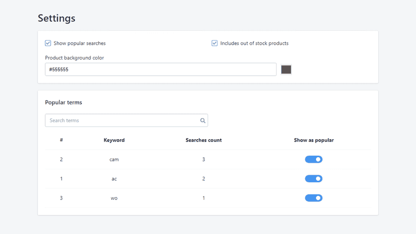 Dashboard instant search
