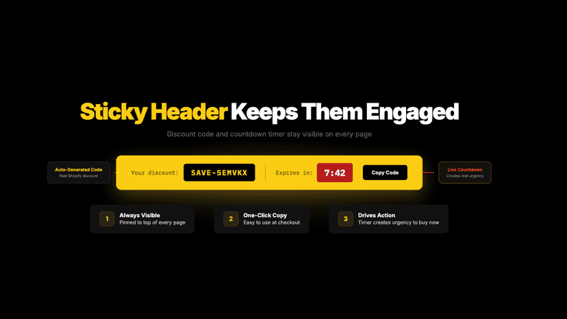 Stick Header with countdown timer and discount code