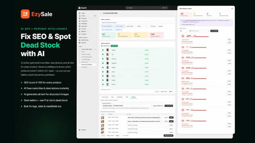 EzySale AI SEO editor fixing meta titles and product alt text