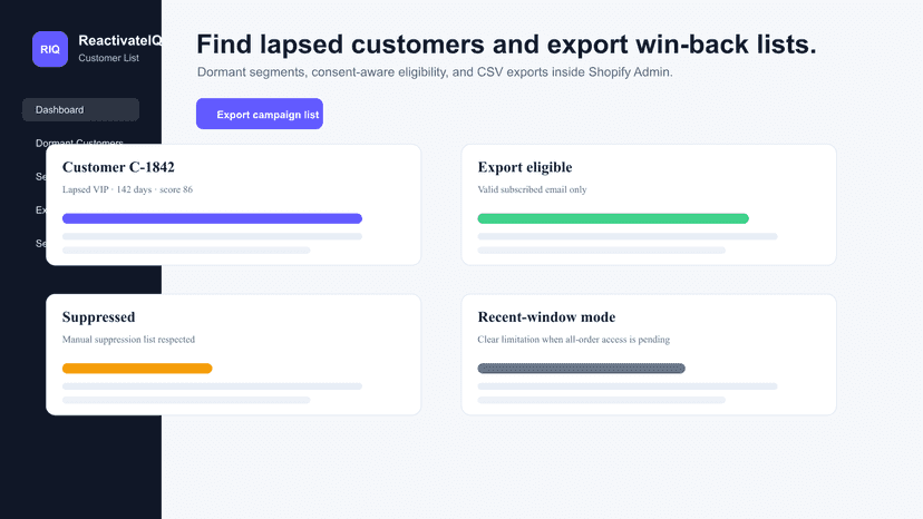 Dormant customer export workflow preview.