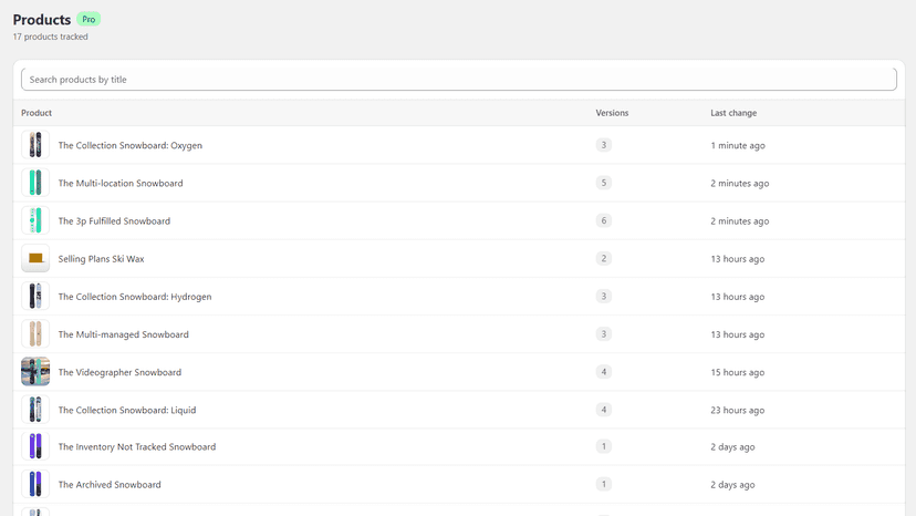 Tracked products list with version counts and last-change times