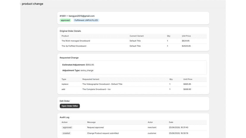 Merchant review page for product change requests