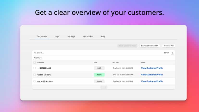 Admin customer page.