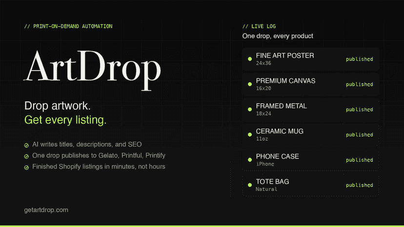 ArtDrop turns artwork into finished Shopify POD listings