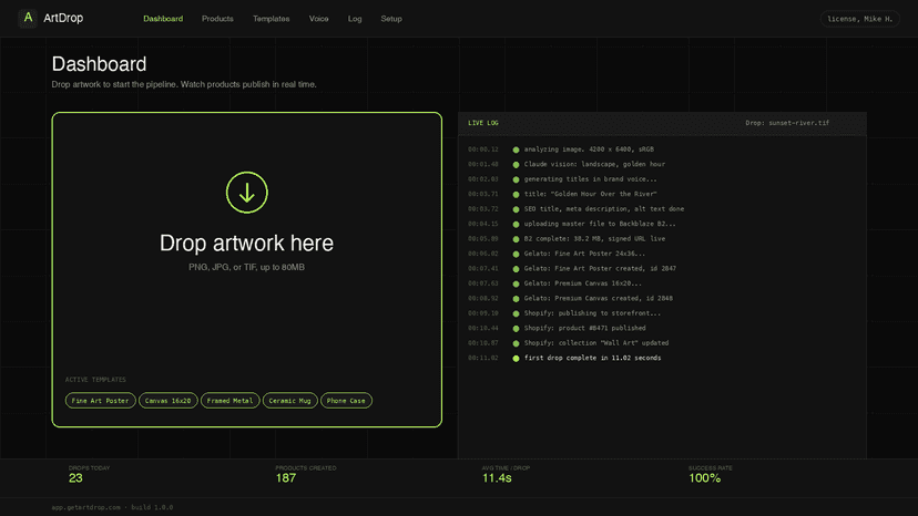 Dashboard drop zone with live processing log and stats