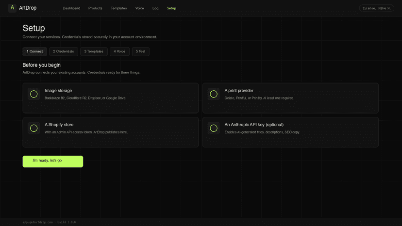 Setup wizard: connect storage, print provider, and Shopify store