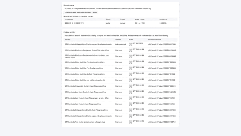Scan history, finding activity, and evidence export.