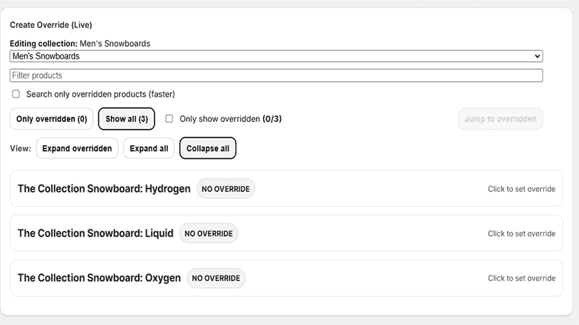 Dashboard showing collection image override setup