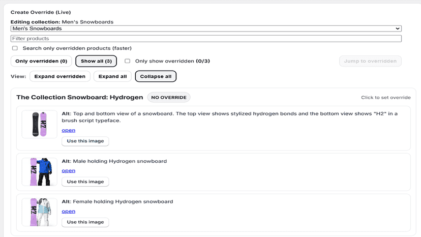 Selecting product and collection to override image