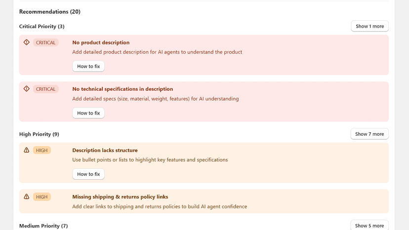 Image showing recommendations in priority order and possible fix
