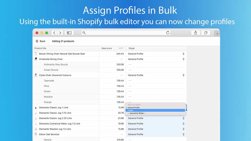 Change shipping profiles in bulk using the Shopify bulk editor