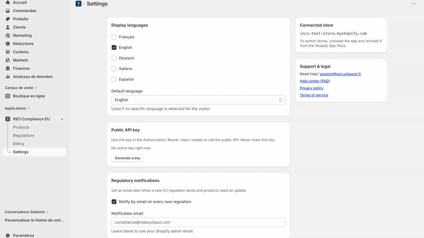 Display languages, public API key and support links