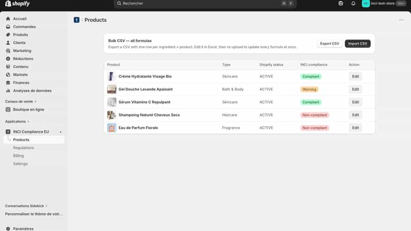 Product list with INCI compliance status + bulk CSV