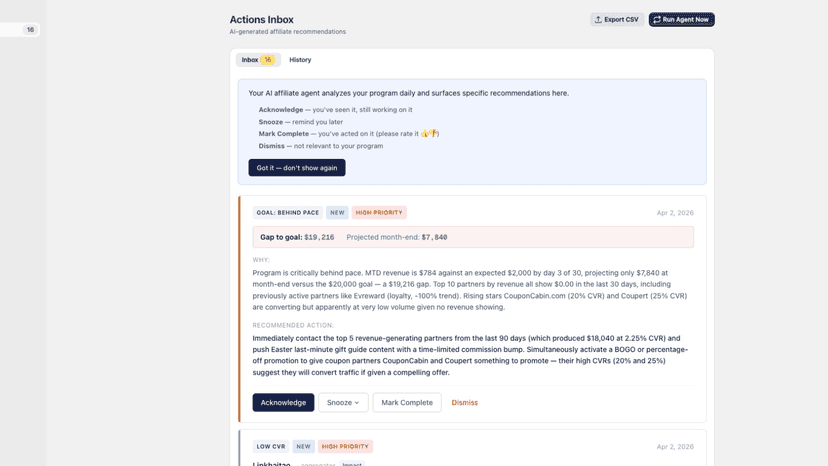 OptimizeAffiliate Actions Inbox