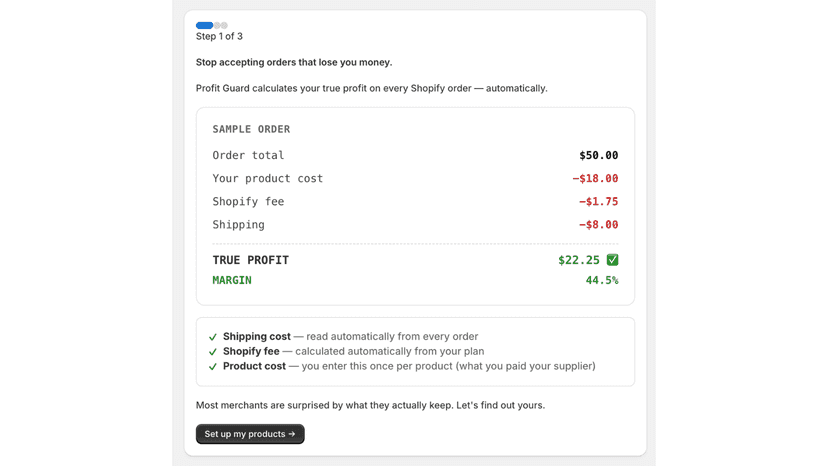 Onboarding sample order showing profit breakdown
