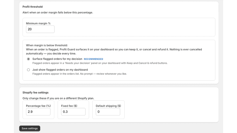 Profit threshold and margin configuration settings