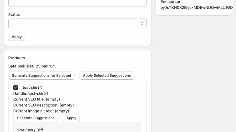 Product SEO editor with AI suggestions and preview diff