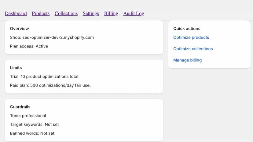 Dashboard with plan limits, guardrails, and quick actions