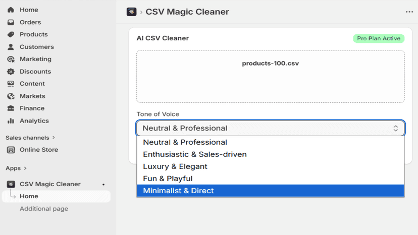 Selecting the AI tone of voice for the uploaded CSV file.