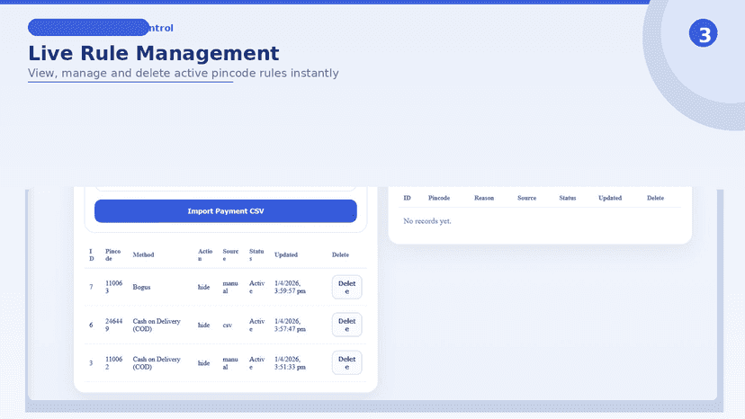 Live Rule Management - View, manage and delete active pincode pa