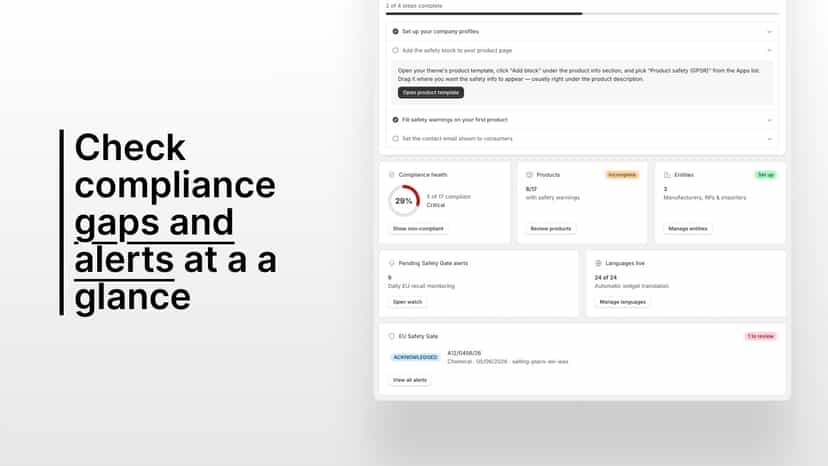 Compliance dashboard: health, alerts, Safety Gate and Languages