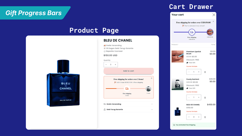 COVA free gift progress bars for Shopify