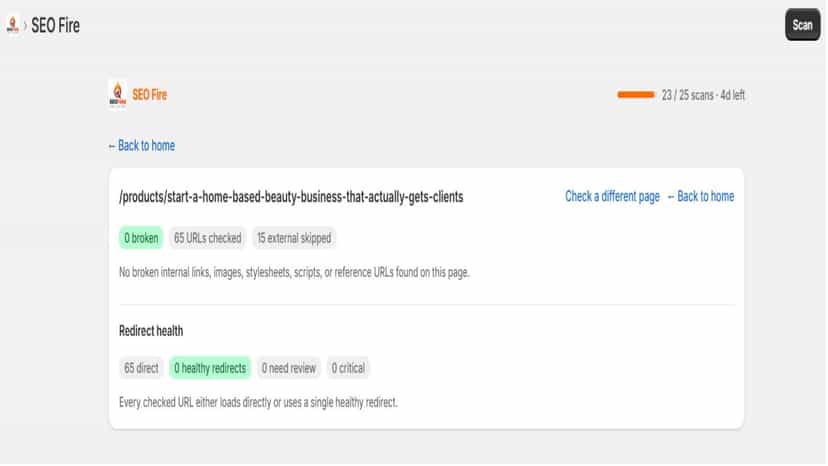 SEO Fire AI-powered SEO analysis showing automated website