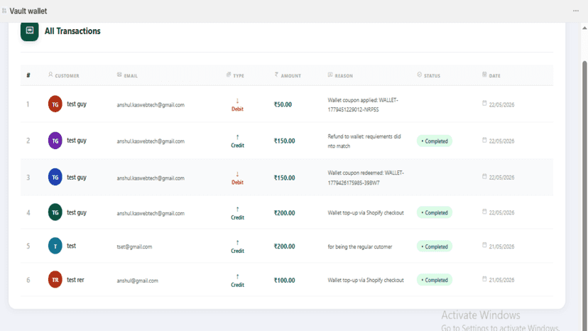 Transection page of the application
