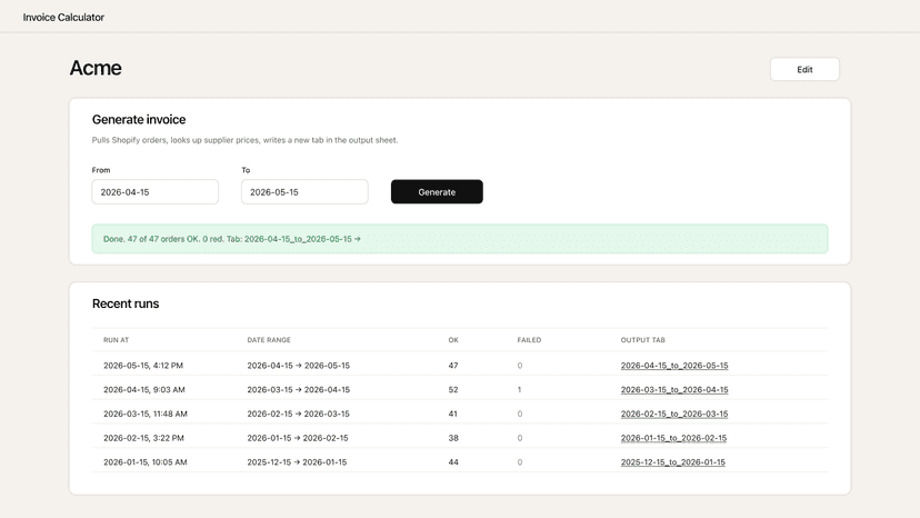 Pick a date range and generate the invoice with one click