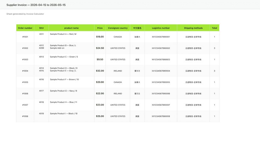 Generated invoice in Google Sheets with prices, tracking, and to