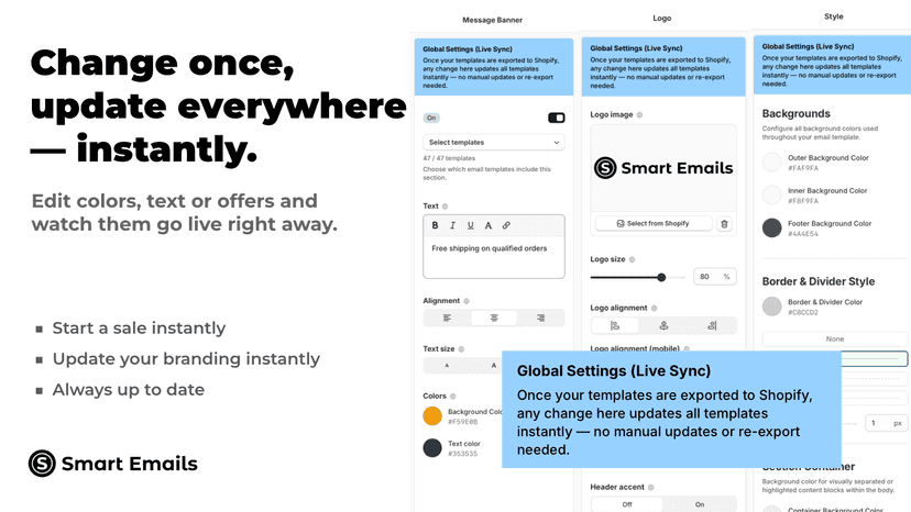 Edit logo, style and colors — live across all emails