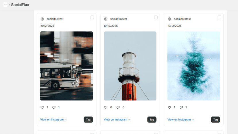 Instagram posts displayed in Shopify admin with product tagging
