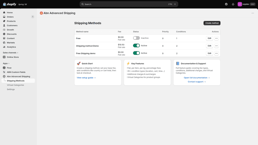 Shipping rules list with name, status, and priority