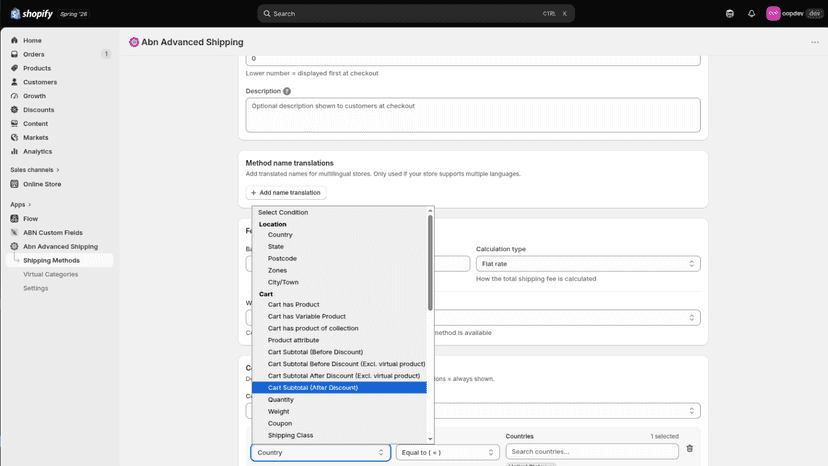 App settings and shipping method configuration